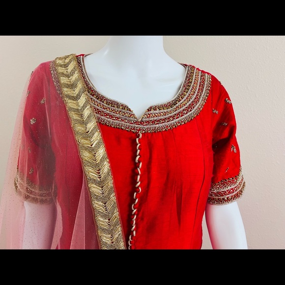 Red Anarkali gown or dress with dupatta and matching bottom - Picture 5 of 13